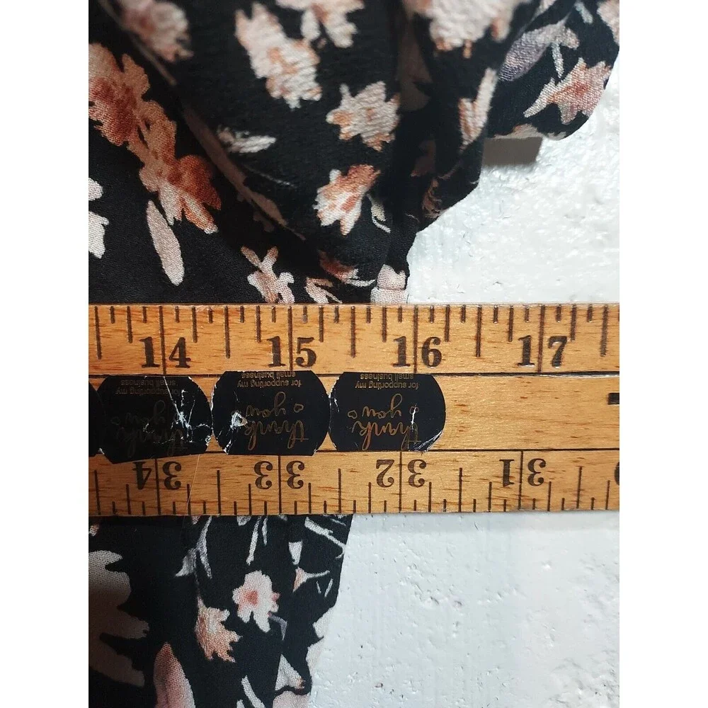 American Eagle Babydoll Dress Mini Short Tie Back Puff Sleeve Black Floral S‎